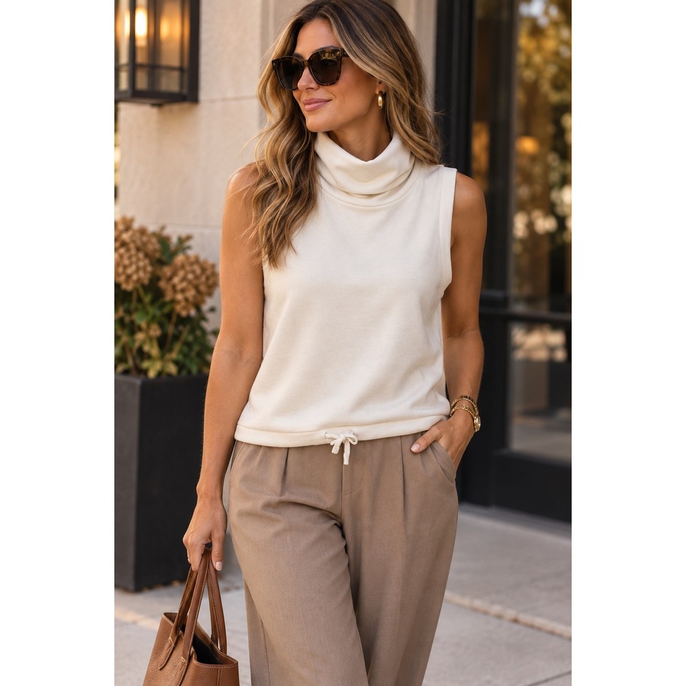 Varley Leigh Cowl Neck Sleeveless Sweatshirt Top Cream Minimal Athleisure Sz M